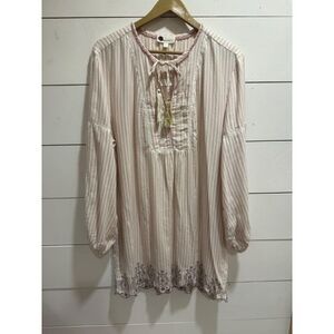 Anthropologie Floreat Boho Sleep Dress Tunic Ticking stripe Tassel Large